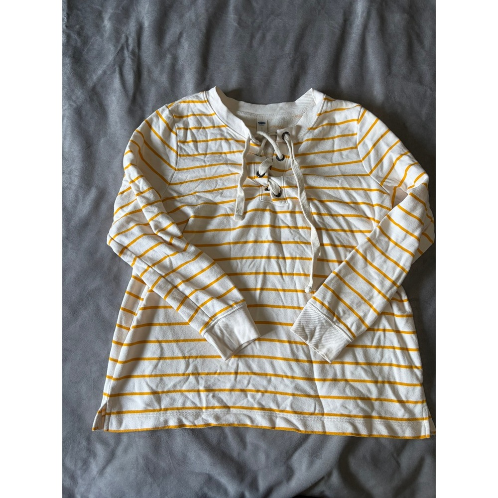 Old Navy Womens Lace Up V-Neck Striped Sweatshirt Yellow White Large